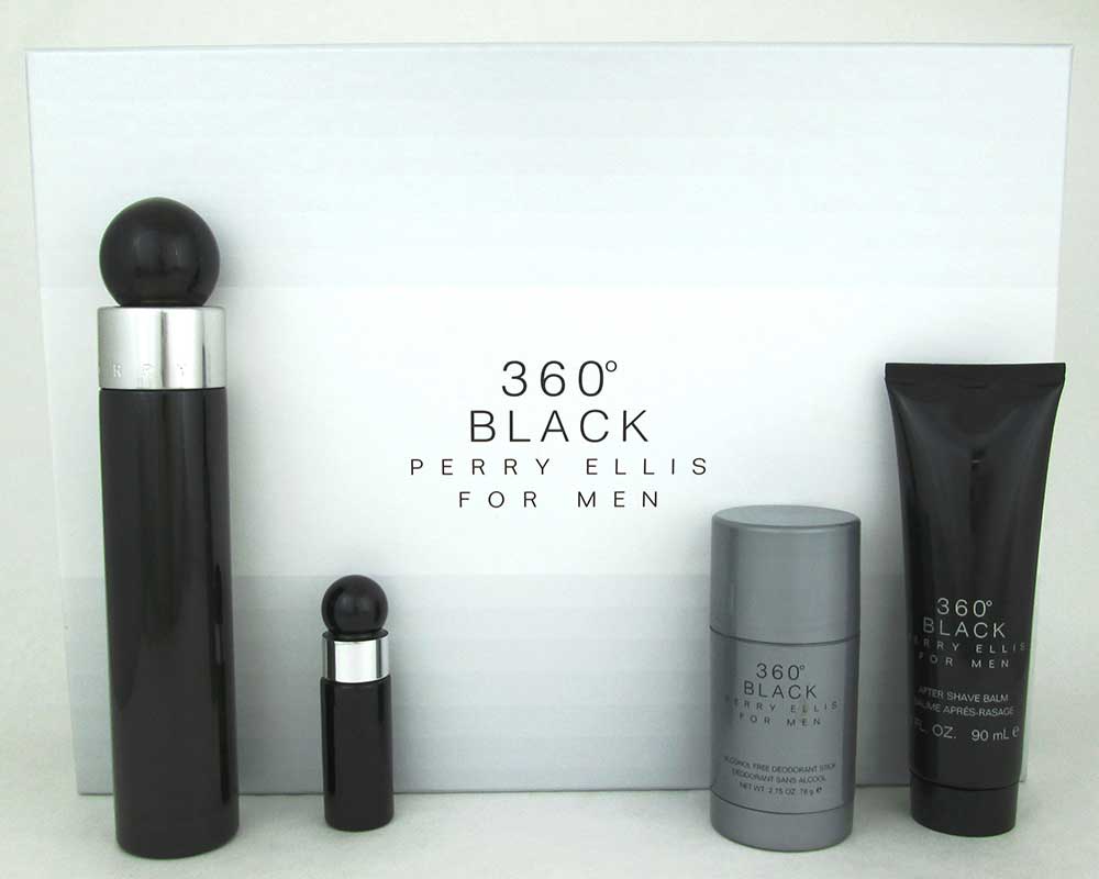 Perry Ellis 360 Black 4Pc Set Men:EDT 3.4oz&7.5ml.+A/Sh 3oz+Deo 2.7oz