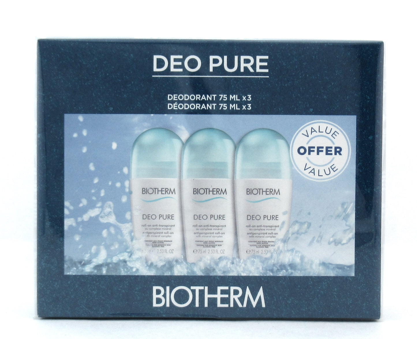 Biotherm DEO PURE Trio Antiperspirant Roll-On Alcohol Free 3 x 75 ml. New
