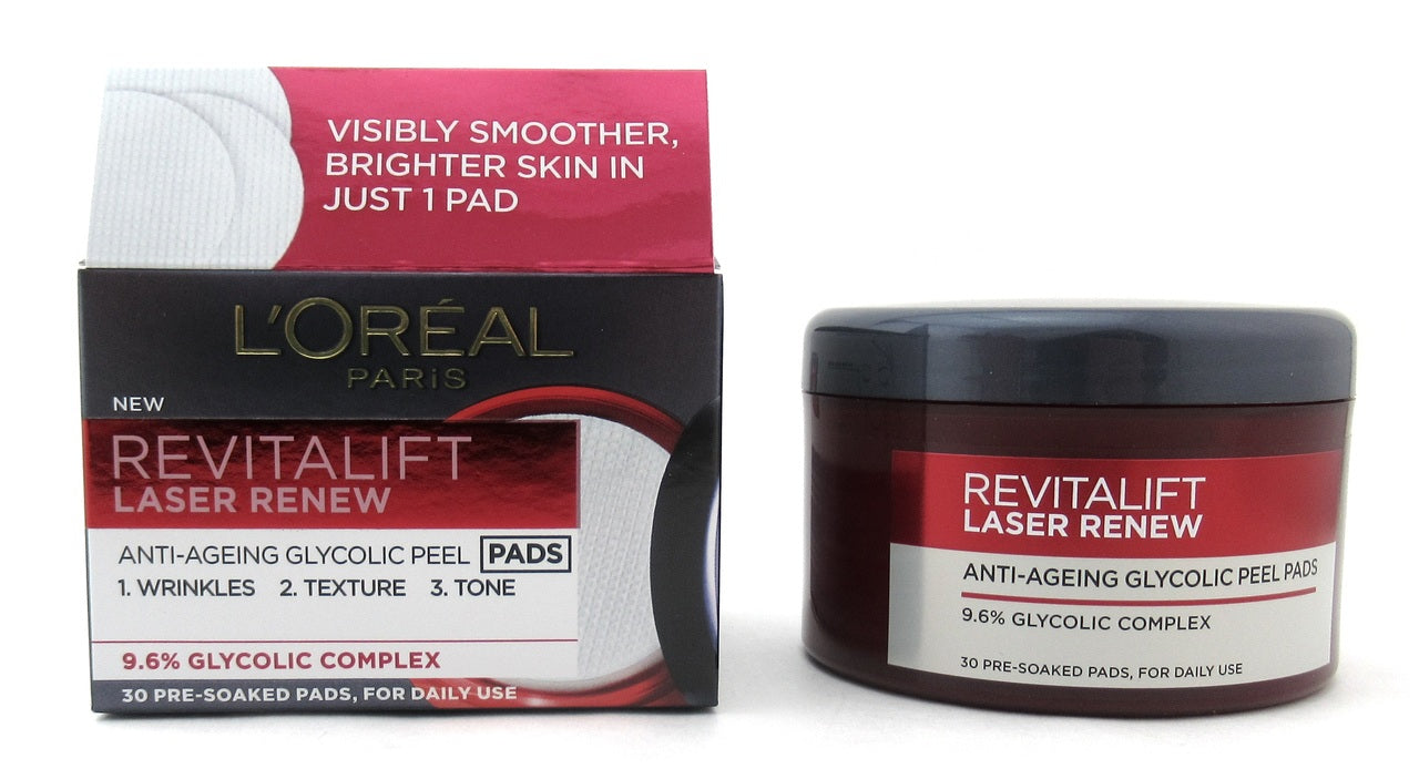 L'Oreal RevitaLift Laser Renew Anti Ageing Glycolic Peel Pads 30 pads New