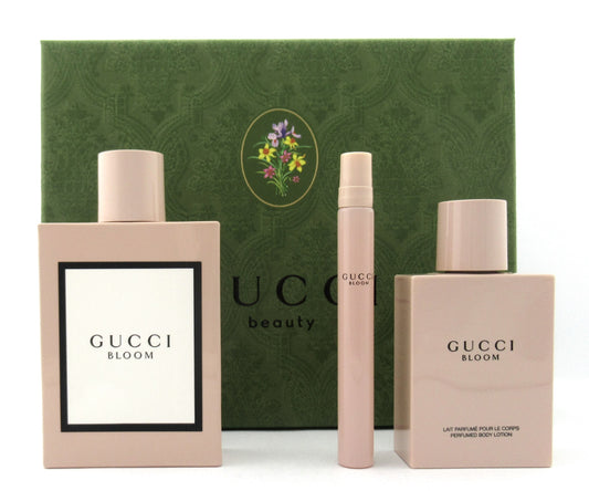 Gucci BLOOM 3 pc Set for Women EDP Spray 3.4 oz. + EDP Travel Spray 0.33 oz. + Body Lotion 3.3 oz. New