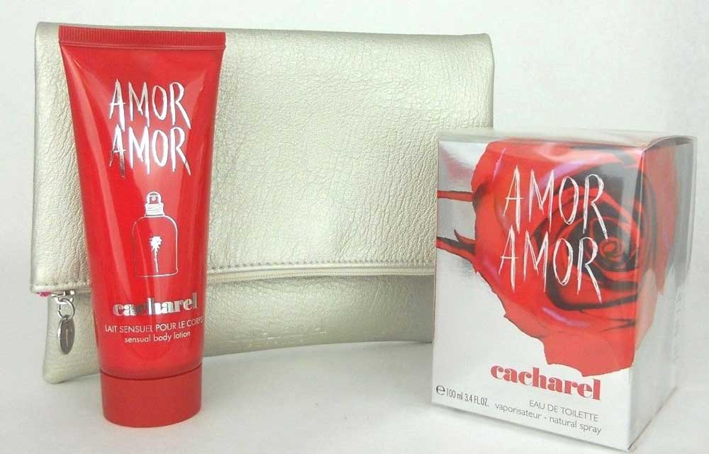 Amor Amor by Cacharel Set 3.4oz.EDT Spray+ 3.4oz.B/Lotion + Clutch
