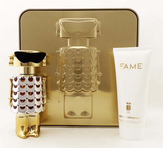 Fame by Paco Rabanne 2 Pieces Set for Women: 2.7 oz./ 100 ml. Eau de Parfum Spray + 3.4 oz./ 150 ml. Perfumed Body Lotion New Damaged Box