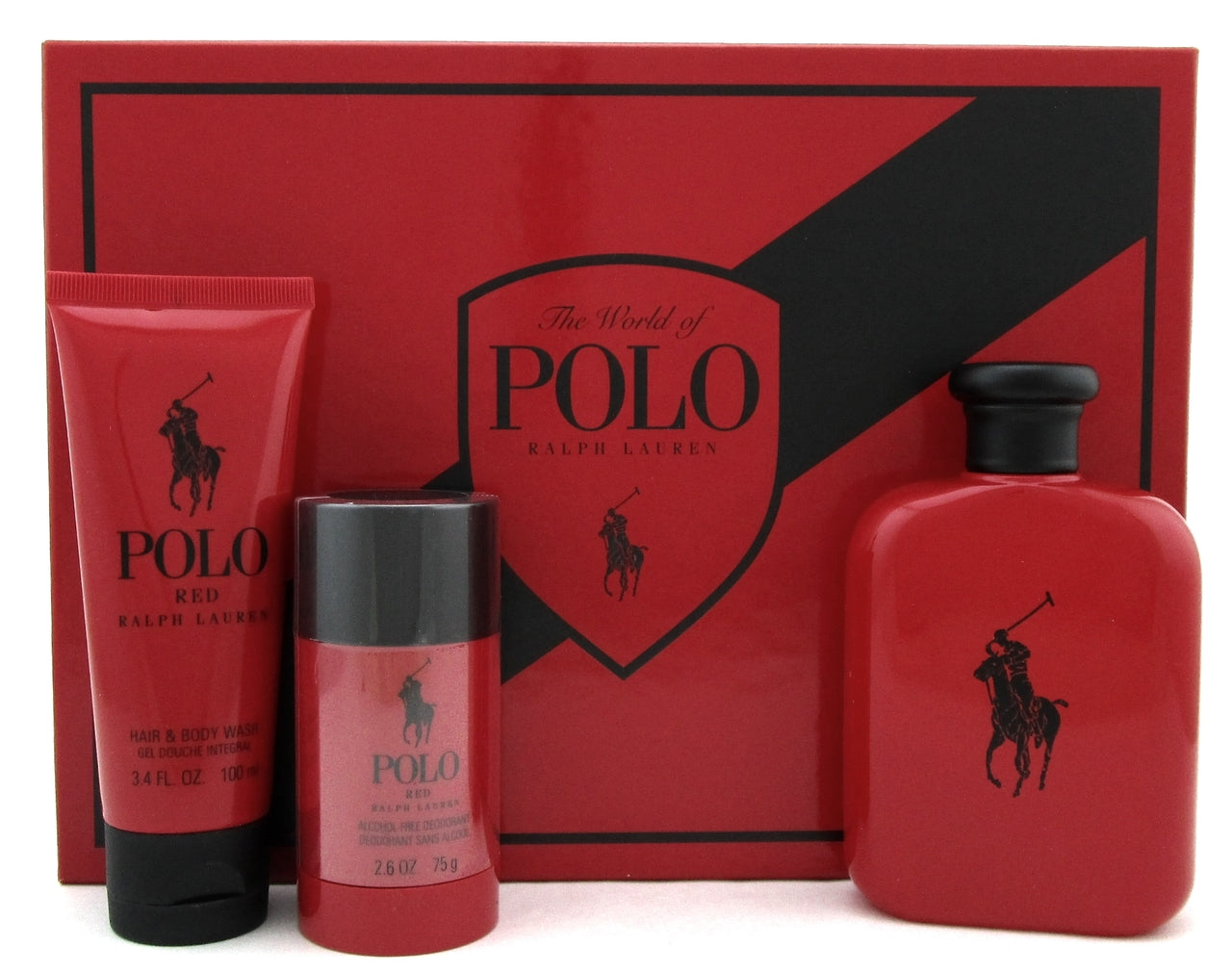 Ralph Lauren Polo Red Set: 4.2oz. EDT+3.4oz. B/Wash+2.6oz. Deo. New.Damaged Box
