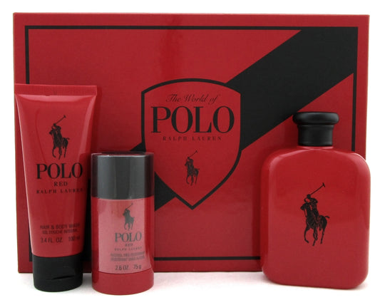 Ralph Lauren Polo Red Set: 4.2oz. EDT+3.4oz. B/Wash+2.6oz. Deo. New.Damaged Box