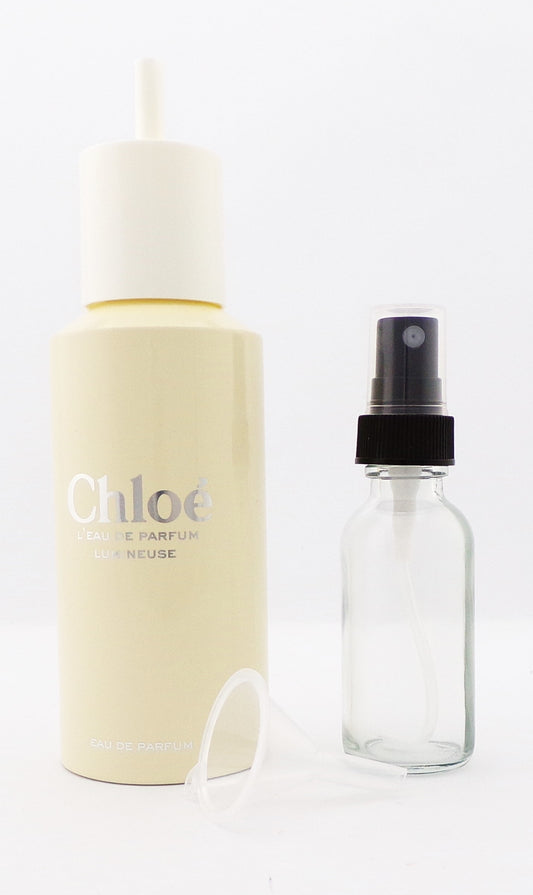 CHLOE L'Eau de Parfum LUMINEUSE 5.0 oz./ 150 ml. EDP REFILL Splash for Women. New NO BOX  + Free Empty 1.0 oz. Glass Spray Bottle + Free Funnel