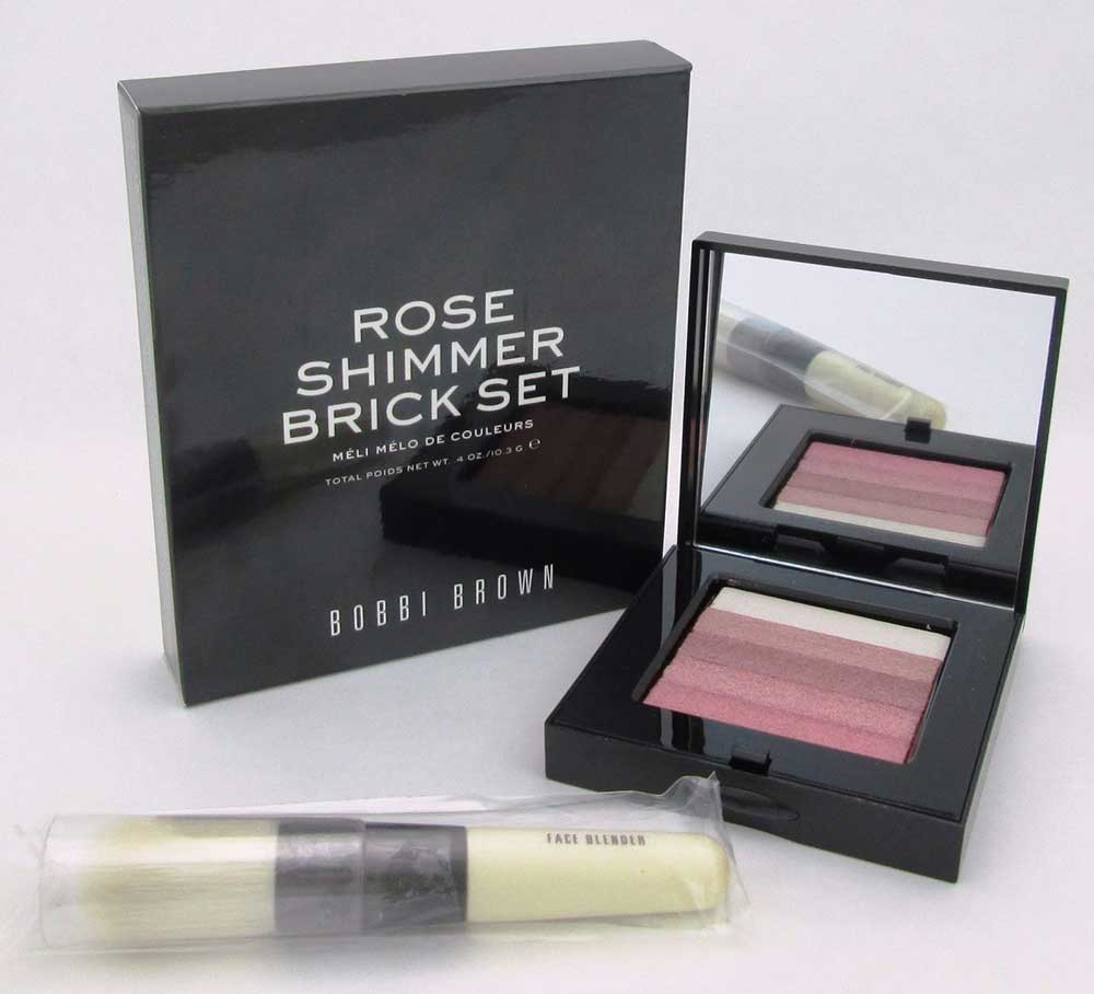 Bobbi Brown ROSE Shimmer Brick Set with Brush. Slightly Damaged Box