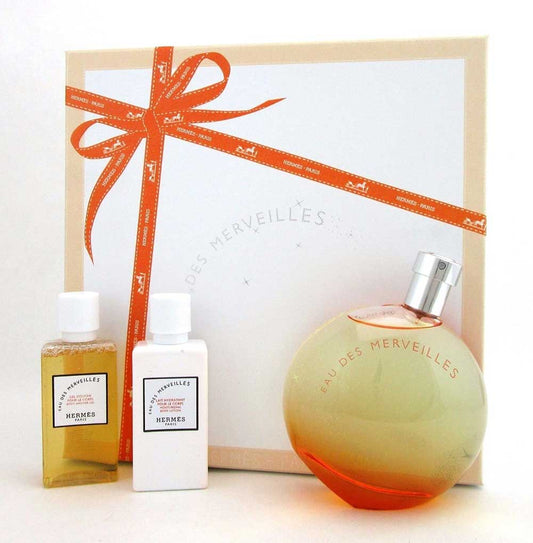 Eau Des Merveilles by Hermes Gift Set:3.3oz EDT+1.4oz B/L+1.4oz Sh/G