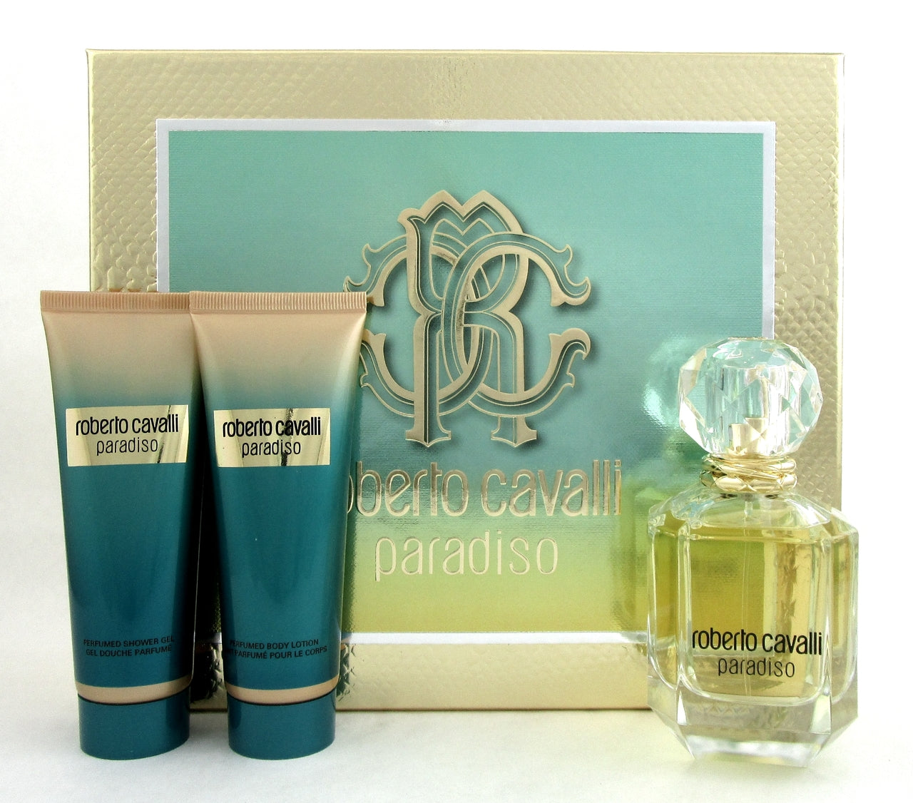 Roberto Cavalli Paradiso 2.5 oz.EDP+2.5 oz.Lot.+2.5 oz.Sh/G. New Set in Hard Box
