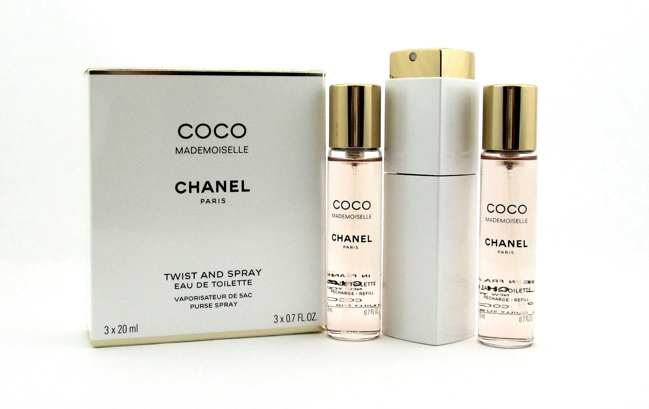 Coco Mademoiselle by Chanel Twist and Spray Eau de Toilette Purse Spray 3 x 20 ml. New in Box. Sealed.