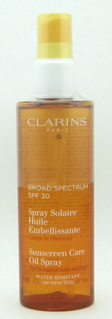 Clarins Broad Spectrum SPF 30 Sunscreen Care Oil Spray For Beautiful Body and Hair, Water Resistant (40 Minutes) 5 oz./ 150 ml. NO BOX