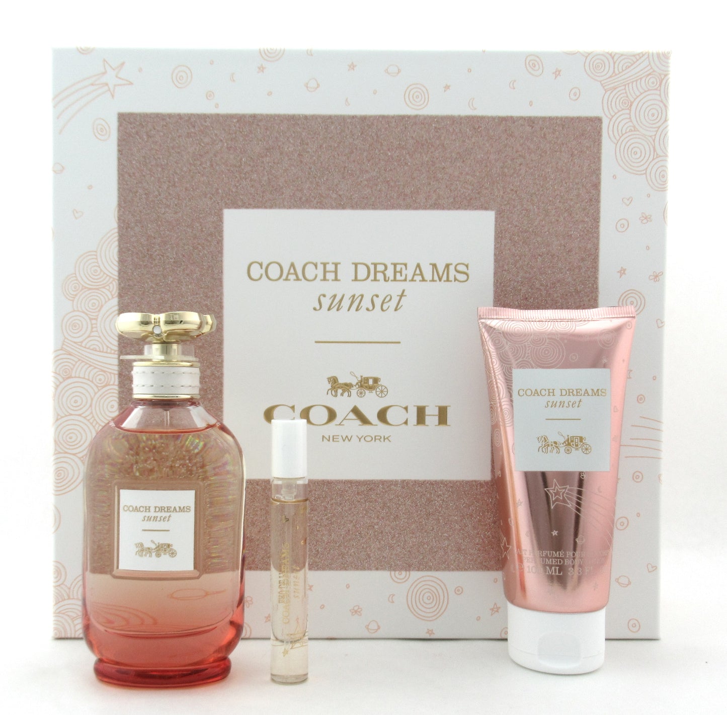 Coach DREAMS SUNSET 3.0 oz. & 7.5 ml. EDP Spray + 3.3 oz. B/Lot. New Women's Set