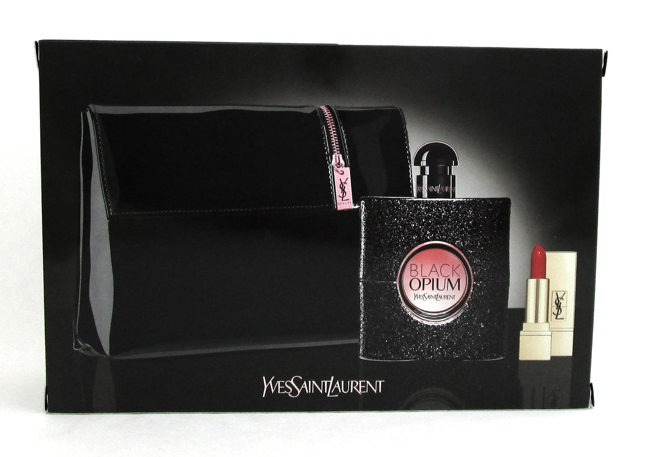 Black Opium by Yves Saint Laurent 3Pc Set: 3.0oz. EDP+ Lipstick No1+ Pouch. New.