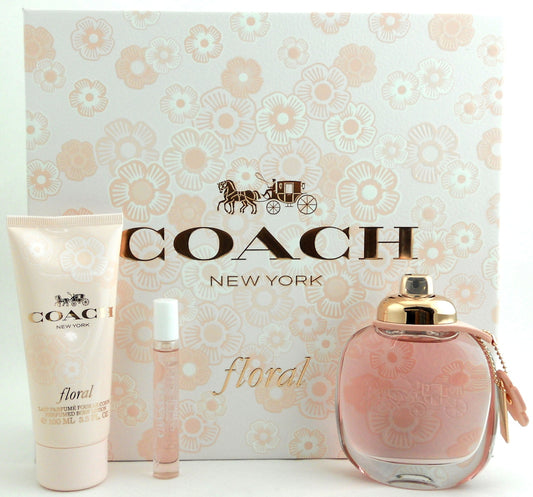 Coach New York Floral 3.0 oz.EDP Spray + 3.3 oz.Body Lotion + 7.5 ml EDP Purse Spray.