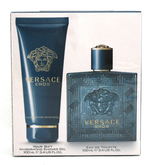 Versace EROS Travel Set for Men: 3.4 oz.EDT Spray+3.4 oz.S/Gel. New Damaged Box.