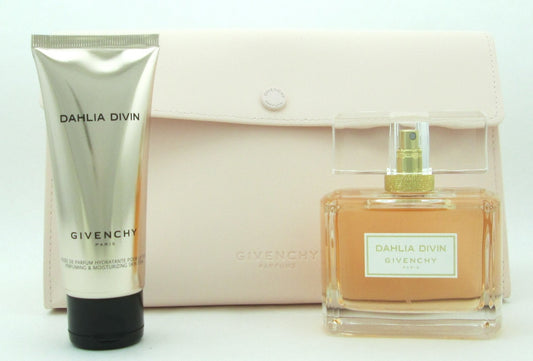 Dahlia Divin by Givenchy 3pc Gift Set for Women Includes: Eau De Parfum Spray 75 ml./ 2.5 oz. + Perfuming & Moisturizing Skin Dew 75 ml./ 2.5 oz. + Pouch