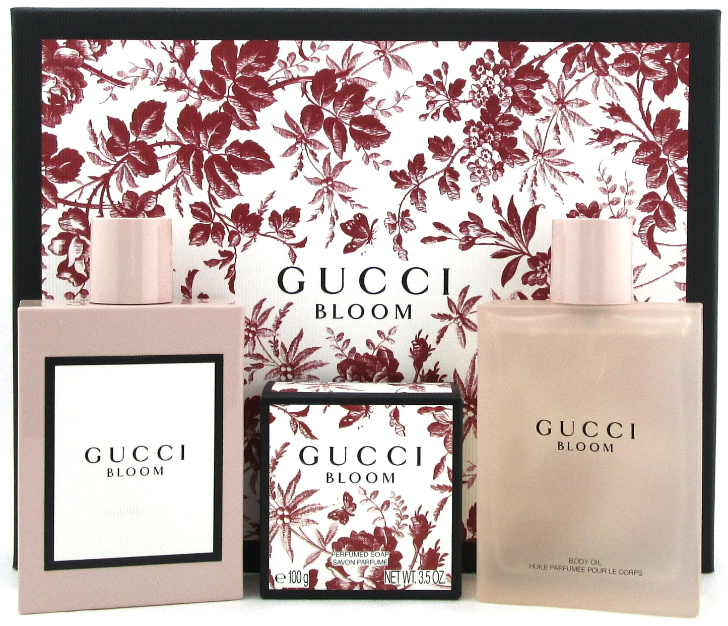 Gucci Bloom Gift Set: 3.3 oz. EDP Spray + 3.3 oz. Body Oil + 3.5 oz. Soap. New