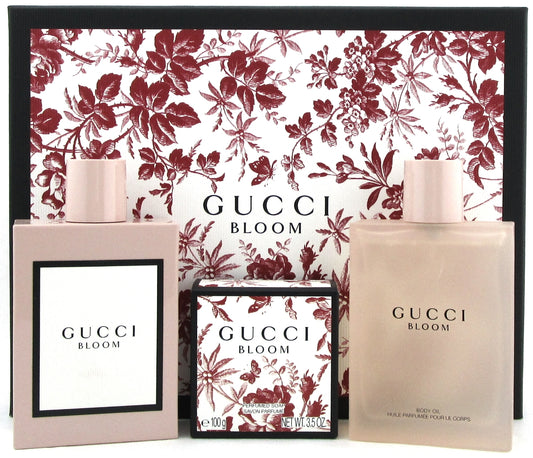 Gucci Bloom Gift Set: 3.3 oz. EDP Spray + 3.3 oz. Body Oil + 3.5 oz. Soap. New