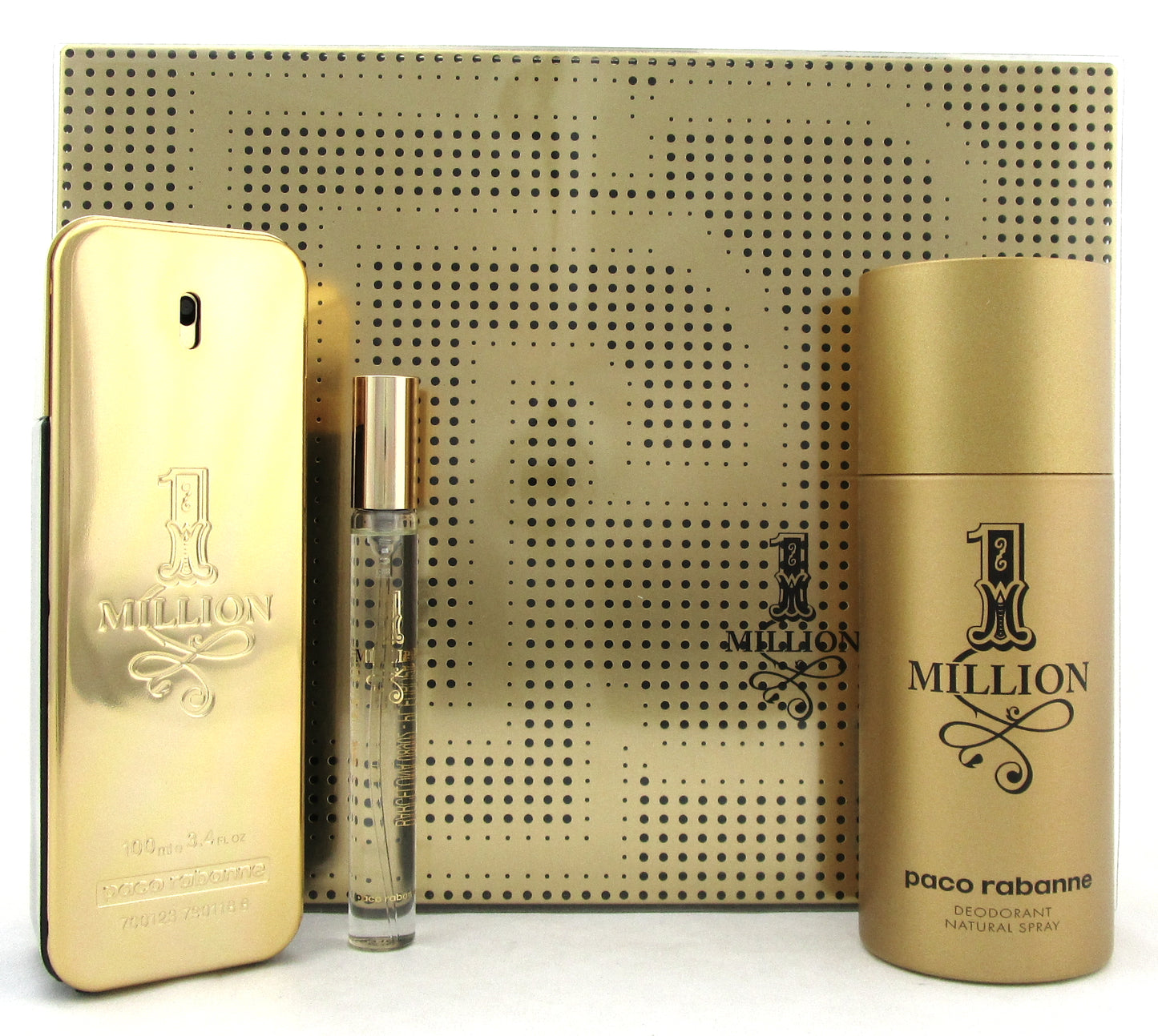 1 Million Paco Rabanne 3.4oz &10ml EDT Spray + 5.1oz Deo Spray. New set for Men.