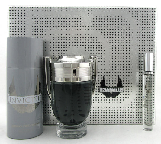 Invictus by Paco Rabanne SET: 3.4 oz & 10 ml EDT Spray + 5.1 oz Deo Spray. New