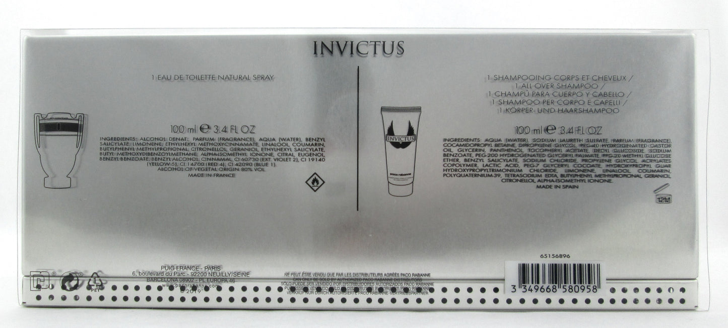 Invictus by Paco Rabanne Set:3.4 oz.EDT+ 3.4 oz. All Over Shampoo New in Tin Box