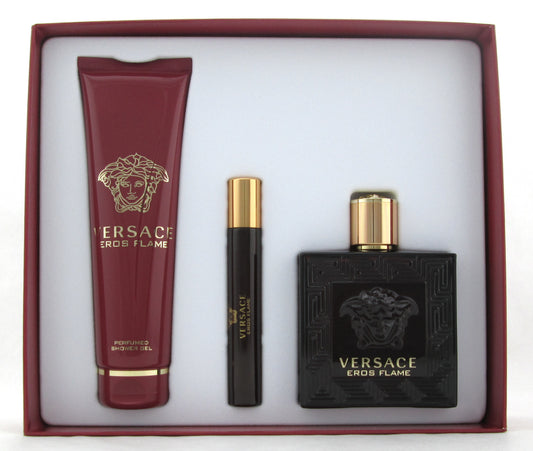 Eros Flame by Versace 3 Piece Gift Set for Men 3.4 oz. EDP Spray+10ml+Shower Gel
