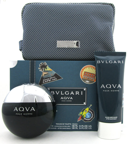 Bvlgari Aqva Pour Homme  3.4 oz.EDT Spray + 3.4 oz.A/Shave Balm + Pouch. Men's Set