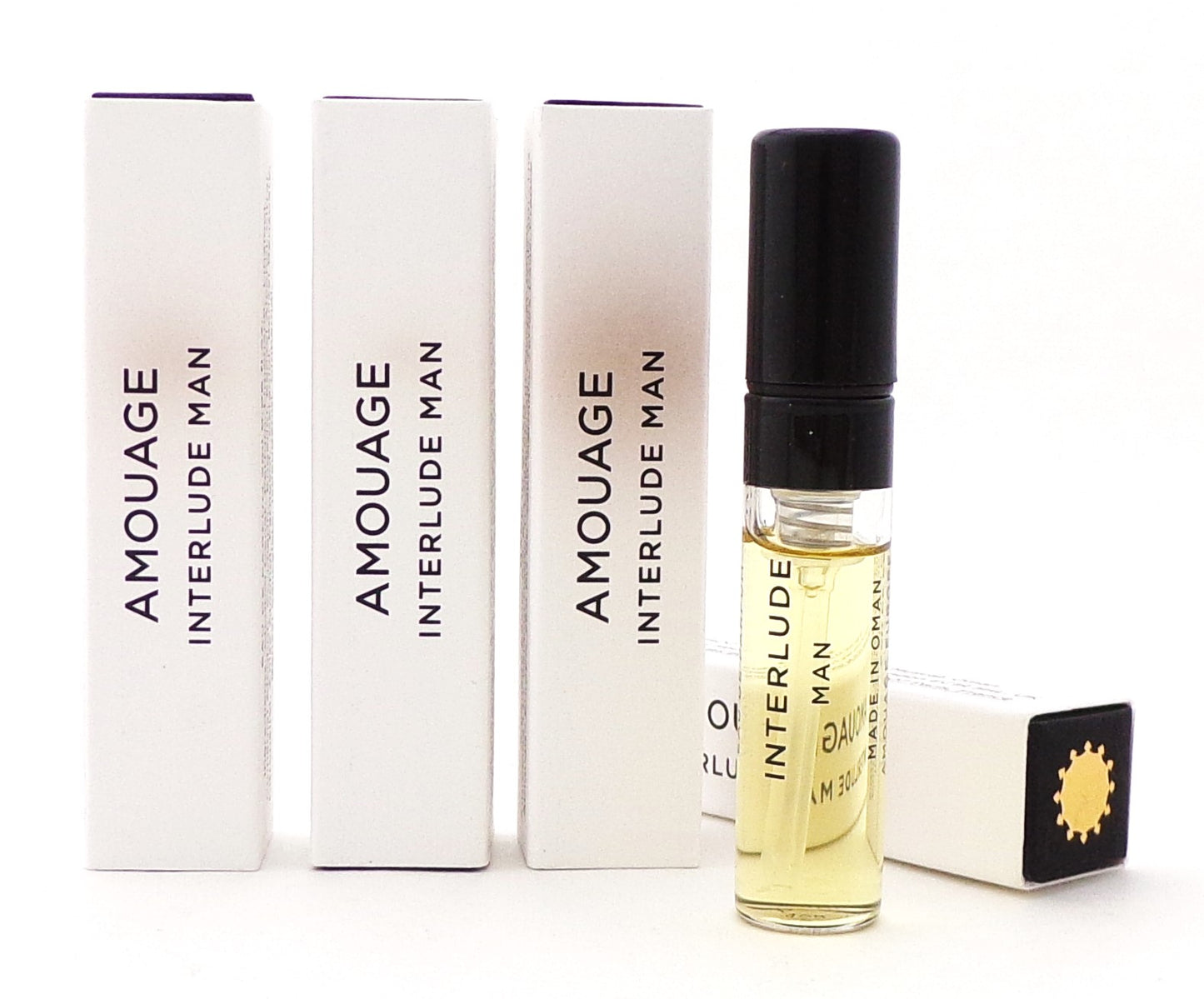 Amouage INTERLUDE Man 0.06 oz. Eau de Parfum Sample Spray LOT OF 4 Vials Brand New Damaged Boxes