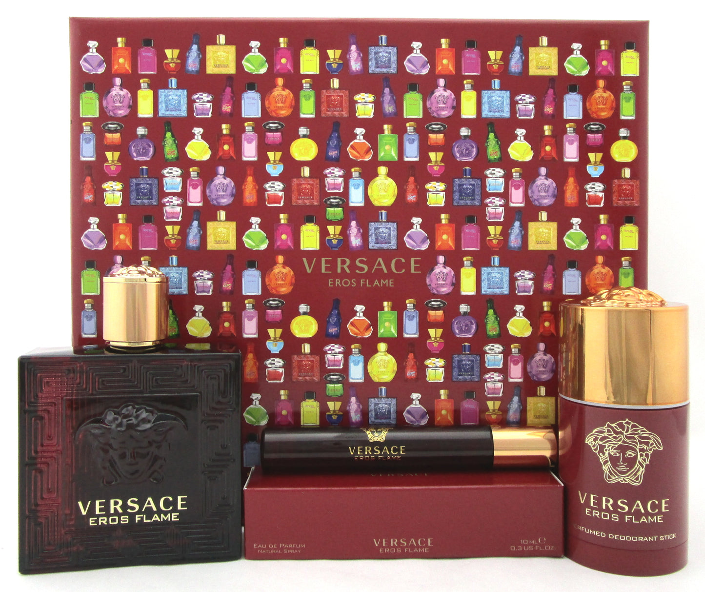 Versace Eros Flame 3.4 oz. & 10 ml. EDP Spray + 2.5 oz. Deo Stick. New Men's Set