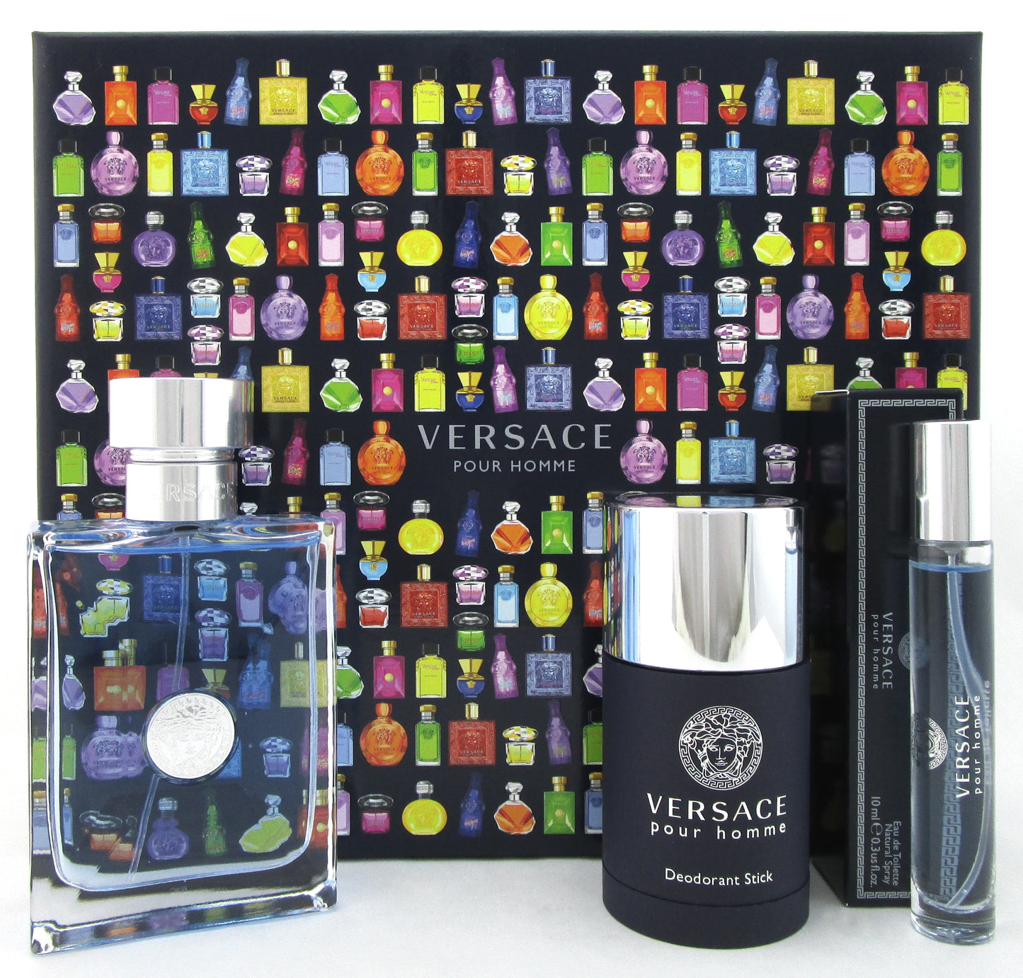 Versace Pour Homme 3.4 oz. & 10 ml. EDT Spray + 2.5 oz. Deodorant Stick. New Set