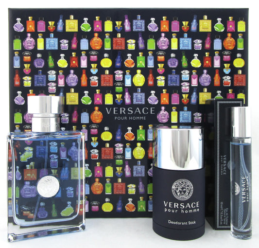 Versace Pour Homme 3.4 oz. & 10 ml. EDT Spray + 2.5 oz. Deodorant Stick. New Set