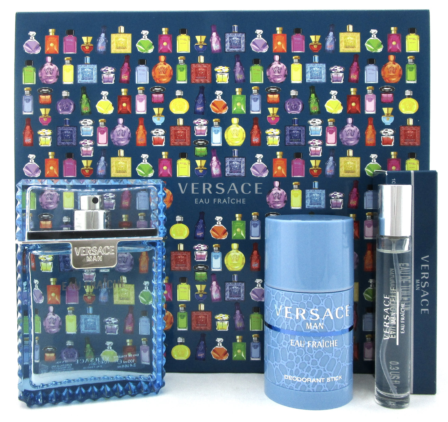 Versace Man Eau Fraiche 3.4 oz. & 10 ml. EDT Spray + 2.5 oz. Deo Stick. New Set