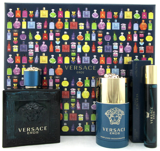 Versace Eros 3.4 oz. & 10 ml. EDT Spray + 2.5 oz. Deodorant Stick. New Men's Set