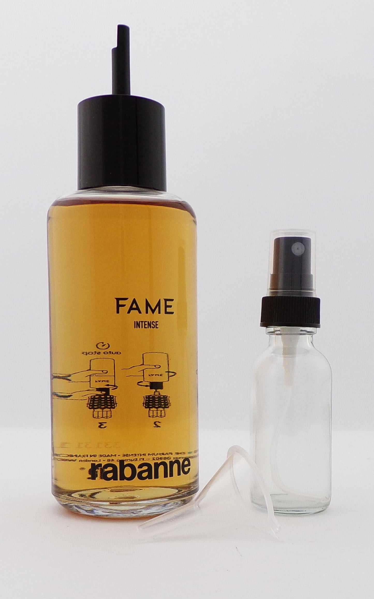Paco Rabanne FAME INTENSE 6.8 oz. Eau De Parfum REFILL Splash for Women 200 ml./ 6.8 oz. New NO BOX + Free Empty 1.0 oz. Glass Spray Bottle + Free Funnel