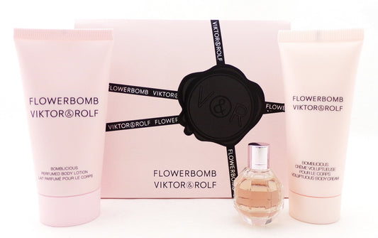 Flowerbomb by Viktor & Rolf 3 Pcs Mini Set for Women: 0.24 oz. Flowerbomb Eau de Parfum Splash + 1.36 oz. Body Cream + 1.7 oz. Body Lotion. Brand New