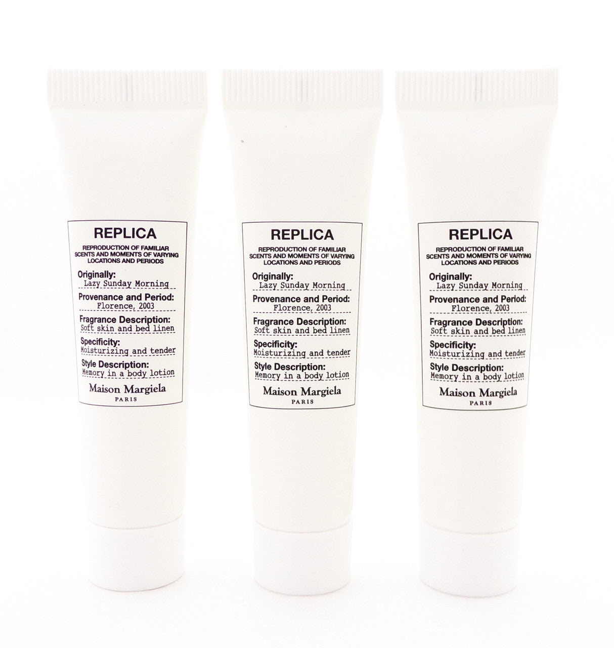 Replica LAZY SUNDAY MORNING by Maison Margiela 0.5 oz. Body Lotion. Brand New Non-Sealed Tube. Lot of 3 Lotions