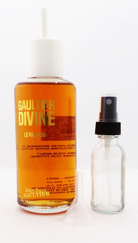 Jean Paul Gaultier DIVINE LE PARFUM Eau De Parfum Intense REFILL Splash 6.8 oz./ 200 ml. New NO BOX  + Free Empty 1.0 oz. Glass Spray Bottle + Free Funnel