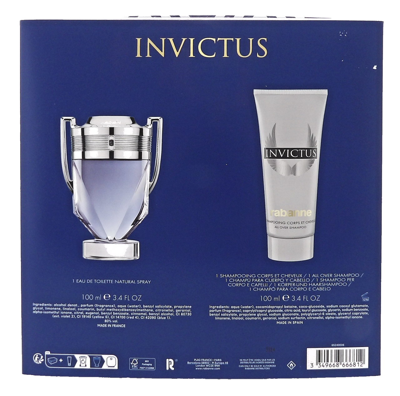 Invictus by Rabanne 3.4 oz EDT Spray + 3.4 oz All Over Shampoo. New SET for Men