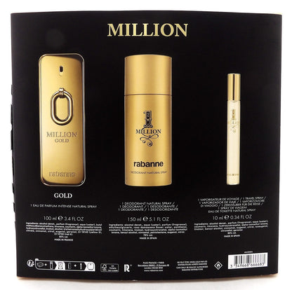 Million GOLD by Rabanne 3.4oz EDP INTENSE Spray+10ml EDT Spray+5 oz Deo. New SET