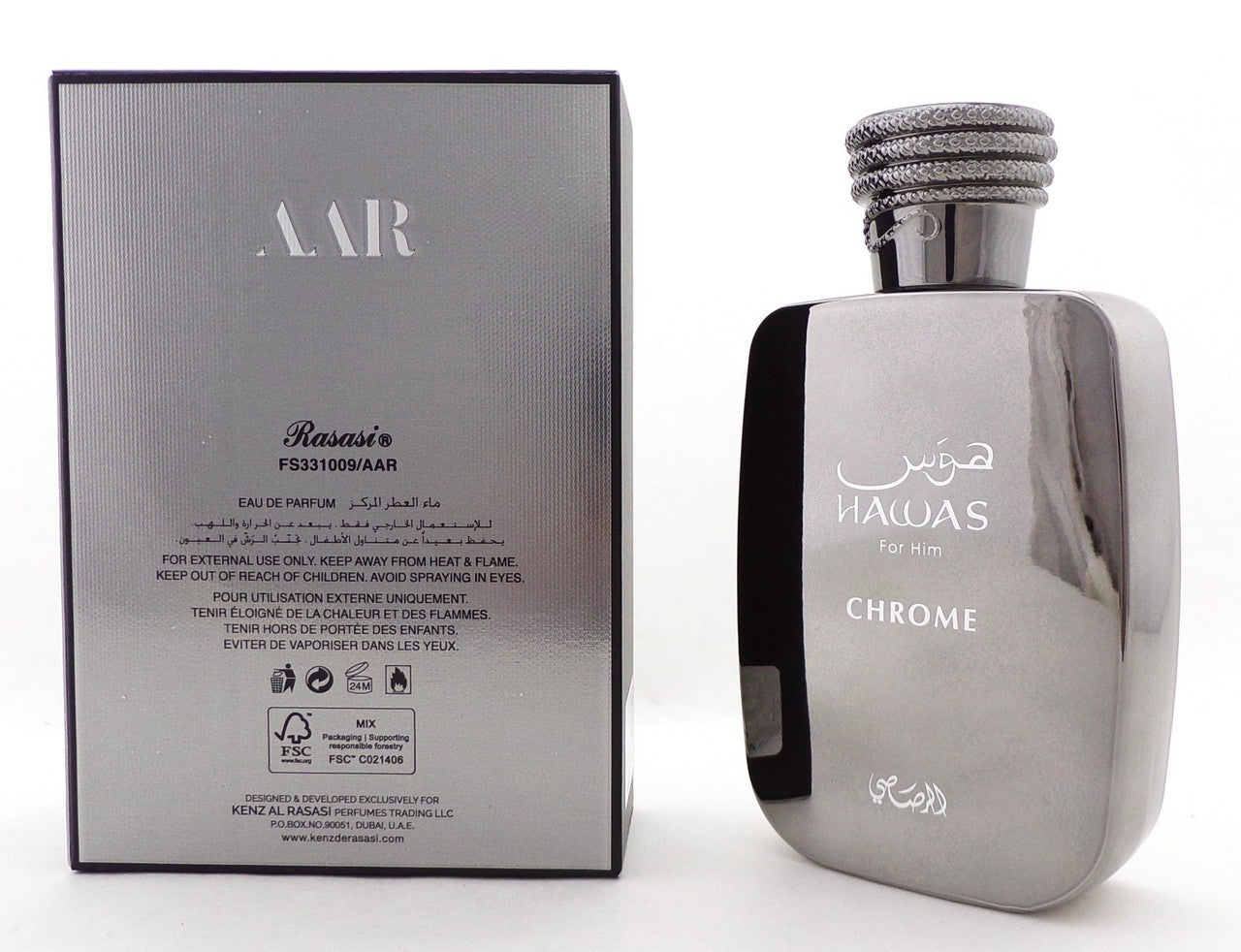 HAWAS for Him CHROME by Rasasi 3.38 oz. EDP Spray for Men. New No Cellophane