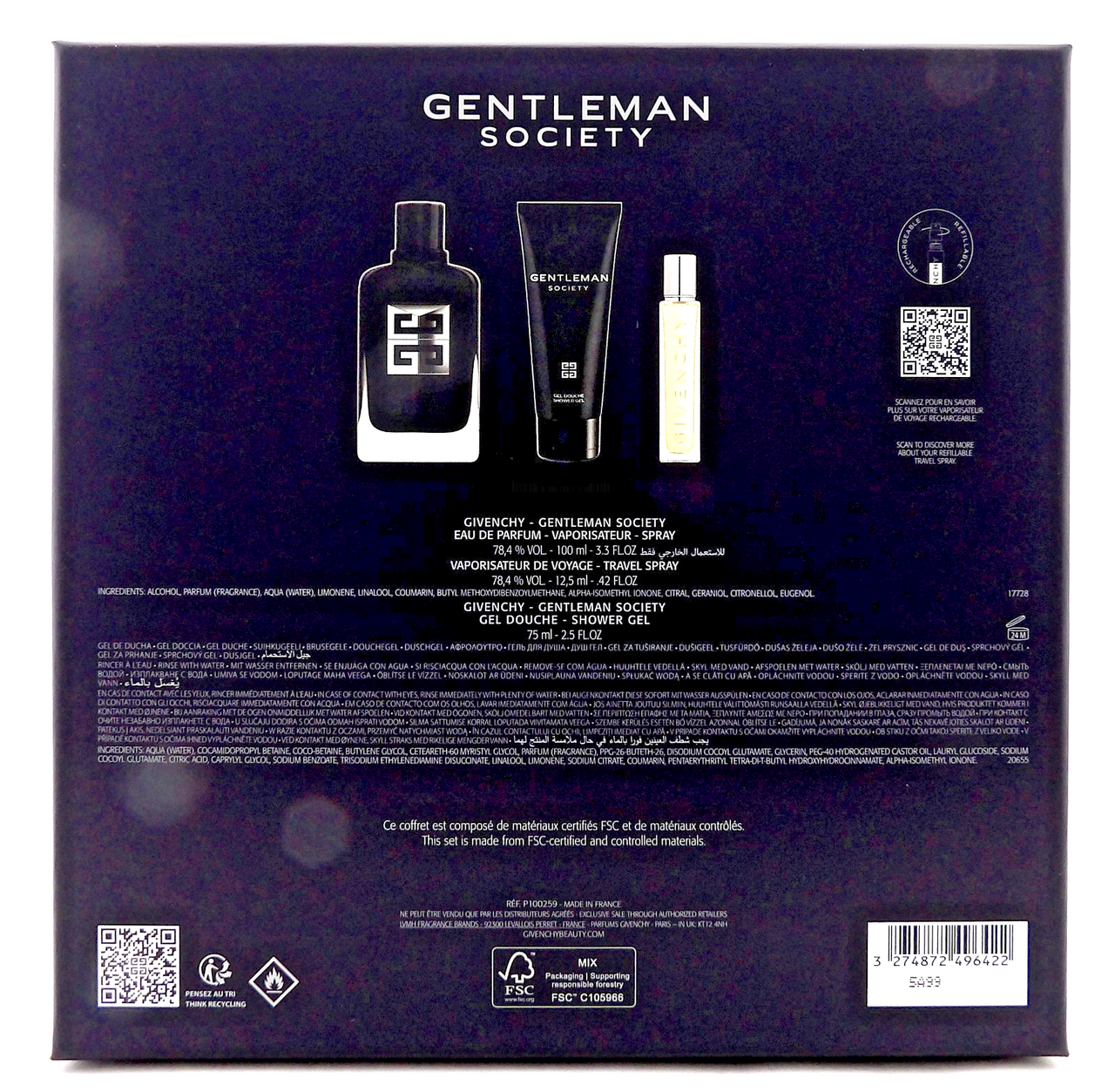 Givenchy Gentleman Society 3.3oz & 12.5ml EDP Spray+ 2.5oz Sh/Gel. New Men's SET