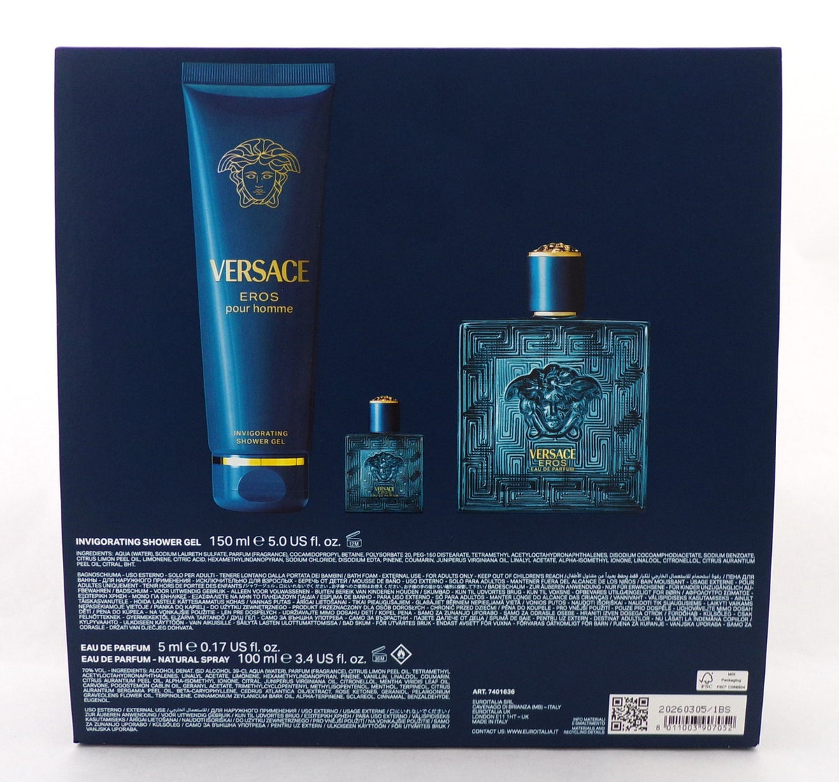 Versace EROS  Pour Homme 3 pcs Set 3.4 oz EDP Spray + 0.17 oz EDP Mini + 5.0 S/G