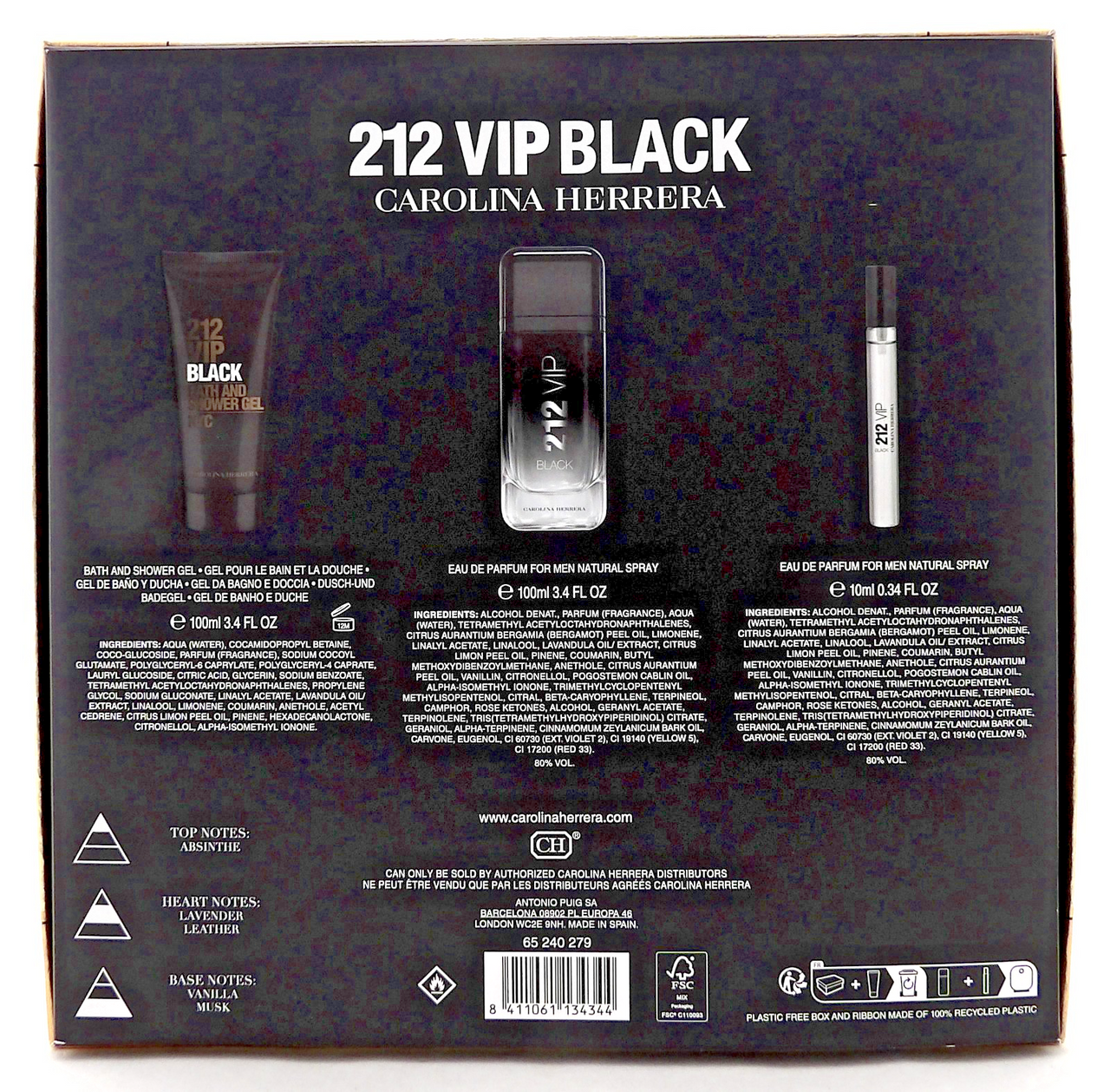 212 VIP BLACK Carolina Herrera 3.4oz &0.34oz EDP Spray+3.4oz S/Gel New Men's Set