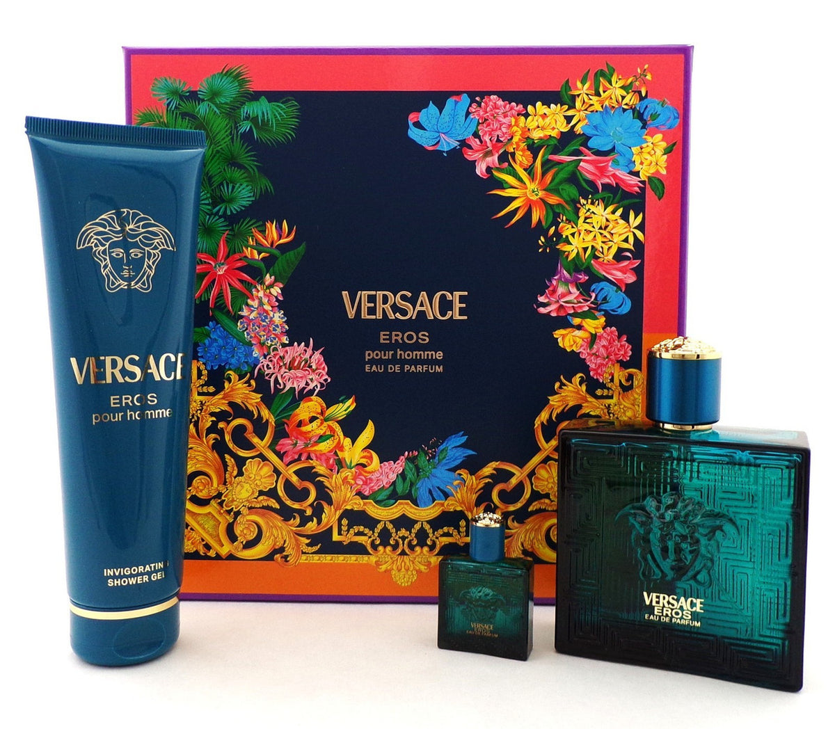 Versace EROS  Pour Homme 3 pcs Set 3.4 oz EDP Spray + 0.17 oz EDP Mini + 5.0 S/G