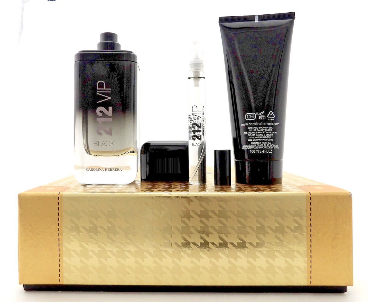 212 VIP BLACK Carolina Herrera 3.4oz &0.34oz EDP Spray+3.4oz S/Gel New Men's Set