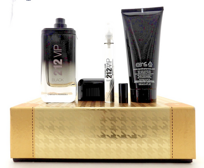 212 VIP BLACK Carolina Herrera 3.4oz &0.34oz EDP Spray+3.4oz S/Gel New Men's Set