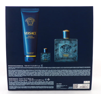 Versace EROS  Pour Homme 3 pcs Set 3.4 oz EDT Spray + 0.17 oz EDT Mini + 5.0 S/G