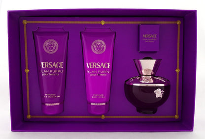 Versace DYLAN PURPLE 4 Pcs Set: 3.4 oz + 5ml EDP +3.4 oz Sh/Gel +3.4oz B/Lot NEW