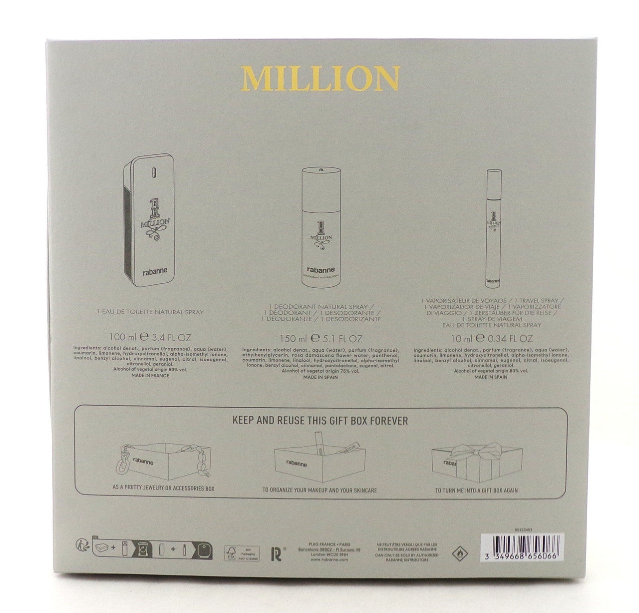 1 Million by Paco Rabanne 3 Pcs Set for Men 3.4 & 0.34 EDT Spray + 5.1 Deo Spray