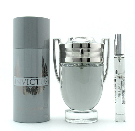 Invictus by Rabanne 3.4 oz & 10 ml EDT Spray + 5.1 oz Deo Spray. New Men's SET