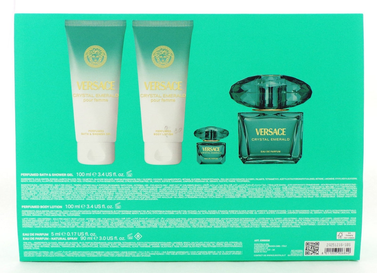 Versace CRYSTAL EMERALD 4 Pcs Set: 3.0 EDP Spray & 5 ml Mini + 3.4 S/G + 3.4 B/L